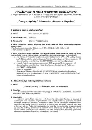 Oznámenie o strategickom dokumente „Zmeny a doplnky č.1 Územného plánu obce Olejníkov“ 