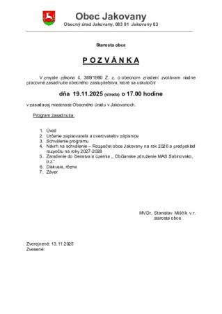 Pozvánka na zasadnutie obecného zastupiteľstva 19.11.2025